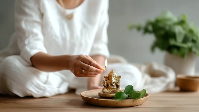A minimalist Happy Ganesh Chaturthi setup with a simple brass Ganesha idol on a wooden altar single diya flickering and fresh tulsi leaves family in white attire bowing in prayer