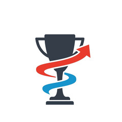 A champion's trophy cup with a red arrow spiraling upwards, symbolizing success and achievement.