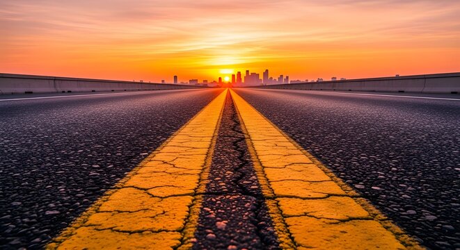 Horizonte panor&aacute;mico de la ciudad y edificios con carretera asfaltada vac&iacute;a al atardecer