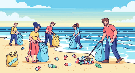 Obraz premium Vector Illustration of People Collecting Trash on Beach in Modern Flat Style with Bright Colors