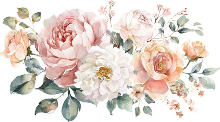 Elegant Watercolor Floral Arrangement Soft Pastel Roses and Leaves for Delicate Design