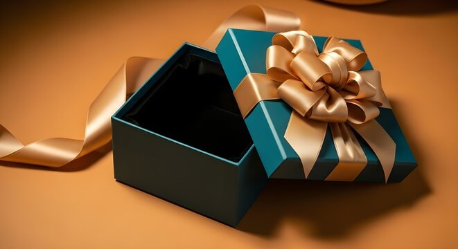 Caja de regalo blanca en blanco abierta o vista superior de la caja de regalo blanca atada con un lazo de cinta roja aislado sobre fondo rojo oscuro con una representaci&oacute;n 3D conceptual m&iacute;nima de somb