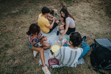 A group of friends sits on a blanket in a sunny park, playing cards while sipping drinks. Dogs wander nearby as backpacks and a cooler complete the laid back outdoor gathering.