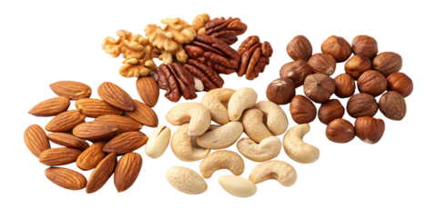 Mixed Nuts Display Featuring Almonds Pecans Cashews and Hazelnuts on Black Background Keywords: nuts, mixed, assortment, raw, healthy, food, snack isolated on a transparent background