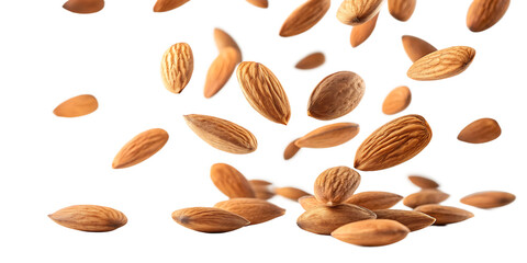 Numerous almonds are in motion, falling and accumulating on a black surface nuts food isolated on a transparent background