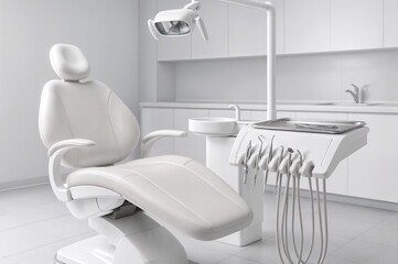 Modern dental office interior with white chair and professional equipment