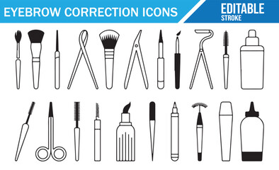 Outline vector pack of eyebrow shaping tools, cosmetics, and makeup accessories