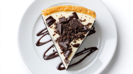 Stück Käsekuchen mit Schokoladensoße und Schokoladenstückchen auf weißem Teller