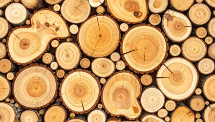 A seamless panoramic background featuring a large stack of wooden stumps cut in cross-section, showing natural tree rings and textures. The logs are arranged tightly together.