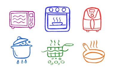 Cooking Instruction Icons Oven Microwave Frying Boiling Crayon Chalk Drawing Doodle Vector Set