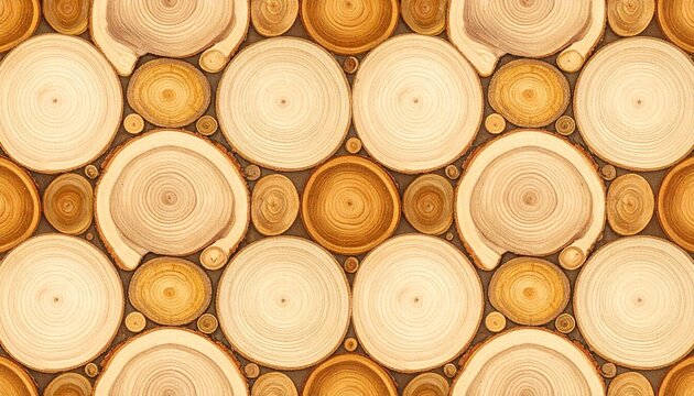 A seamless panoramic background featuring a large stack of wooden stumps cut in cross-section, showing natural tree rings and textures. The logs are arranged tightly together.