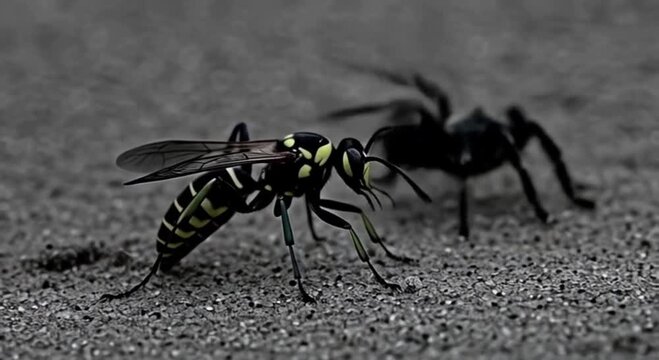 A close-up shot showcasing the intense struggle between a wasp and a tarantula spider.