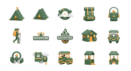 Collection of adventure and camping icons isolated on transparent background