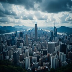Naklejka premium Xanten County city spreads across green hills in Hubei Province, China, showing urban development nestled within nature.