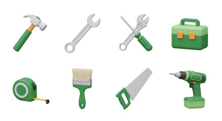 Set of construction and repair tools isolated on transparent background