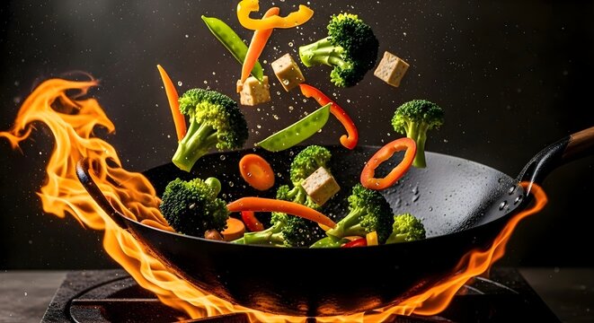 Broccoli florets, bell pepper strips, and tofu cubes are tossed in a flaming wok, creating a dynamic stirfry with intense heat and motion