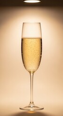 A single glass of golden champagne with bubbles in an elegant flute. Luxury sparkling wine under a spotlight on a warm background. Celebration and special occasion concept