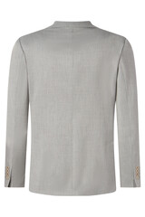 Back view of a modern grey linen blazer with button details