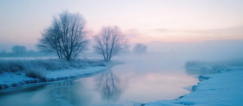 Ethereal Winter River Scene: Bare Trees, Mist, and Icy Reflections at Dawn