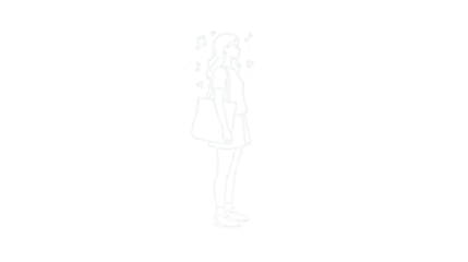 Girl standing in a playful pose with hearts and music notes around her in a whimsical scene