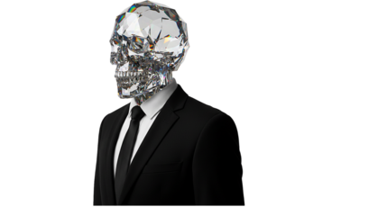Futuristic crystal skull figure in a suit standing elegantly against a minimalistic backdrop