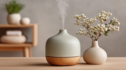 Serene Aroma Diffuser Emitting Mist Beside Delicate White Flowers in a Minimalist Home Interior with Soft Lighting and Natural Wood Textures