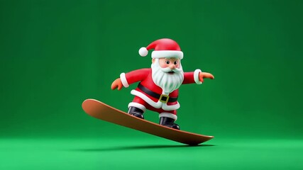 Animated santa claus figurine performing snowboarding tricks on green background loop - Powered by Adobe
