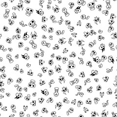 Unique black and white pattern featuring various skull designs with playful elements scattered across a white background