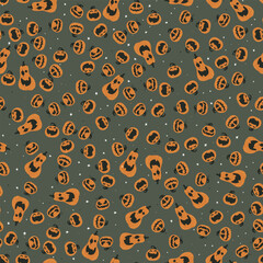 Bright and playful pattern featuring pumpkins and bears celebrating Halloween in a festive design with a dark background