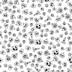 Spooky cartoon characters and pumpkins create a fun Halloween-themed pattern on a white background, perfect for festive designs and crafts