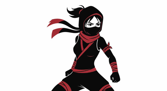 A cartoon ninja girl in a dynamic pose with flowing hair and a black and red costume against a plain white background.