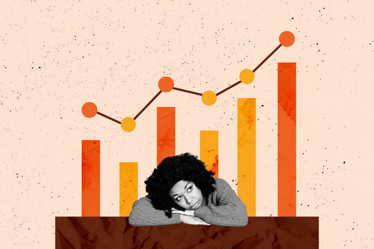 Creative poster banner 3d collage photo of puzzled tired businesswoman stand graph development chart statistics aim achievement