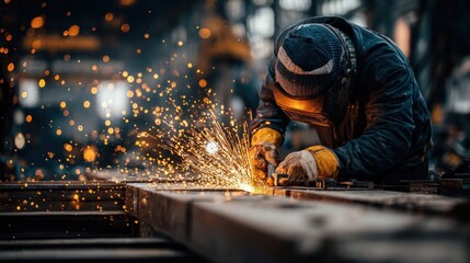 Sparks Fly: Intense Welding Scene with Worker, Industrial Setting, and Bokeh.
