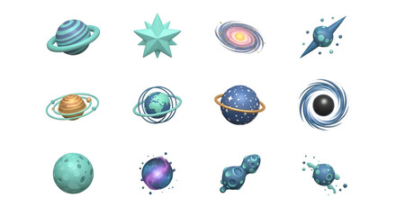 Space and galaxy icons isolated on transparent background