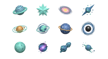 Space and galaxy icons isolated on transparent background