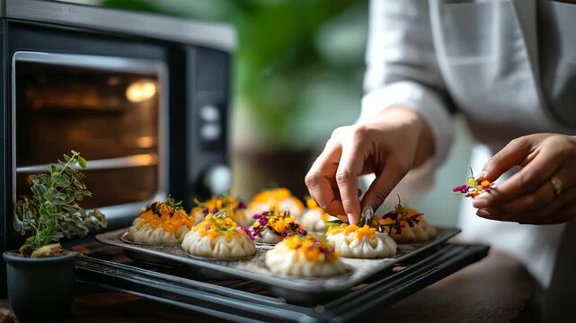 A creative modak baking scene with a fusion twist modaks infused with mango and cardamom baked in a modern oven chef decorating with edible flowers fusion modaks mango