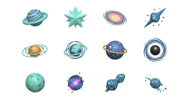 Space and galaxy icons isolated on transparent background