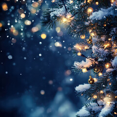 Snow-covered Christmas tree with glowing lights in a winter wonderland setting