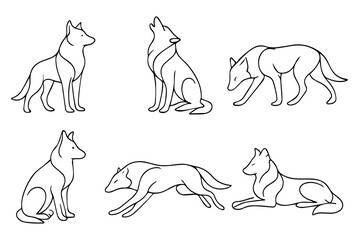 Wolf Line Art Silhouette Set | Minimalist Continuous Line Animal Vector in Multiple Poses transparent background
