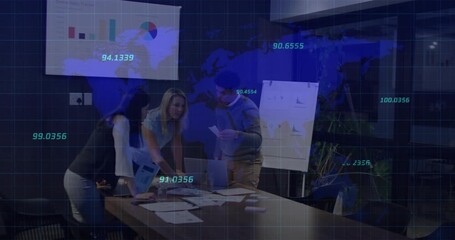 Three professionals entering room, sitting at table, overlays appearing, analyzing business charts - Powered by Adobe