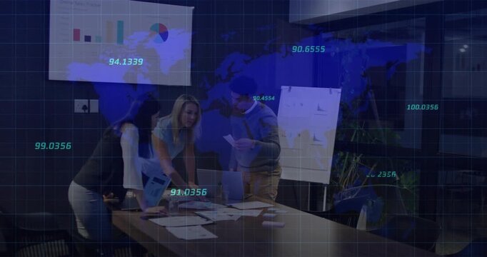 Three professionals entering room, sitting at table, overlays appearing, analyzing business charts - Powered by Adobe