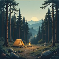 Camping Adventure in Lush Forest, Cozy Tent and Campfire at Sunset, Nature Landscape, Serene Viewpoint