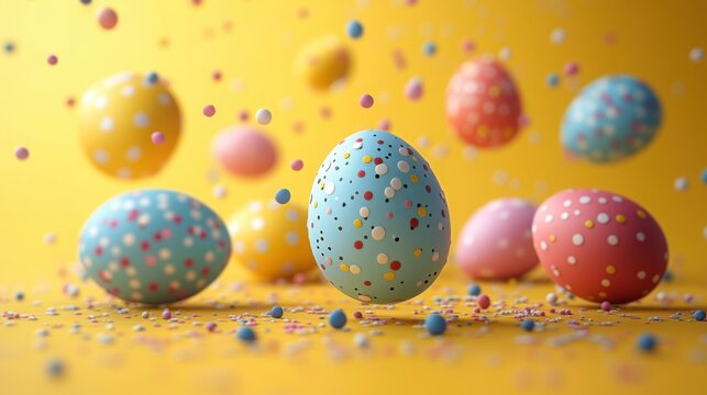Colorful eggs with polka dots scattered around on a bright yellow ground - Powered by Adobe