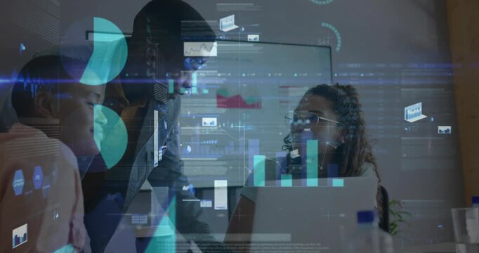 Digital charts fading in on laptop wall monitor, analytics team engaging metrics, aligning insight