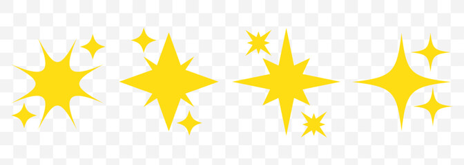Yellow star shapes vector, sparkle icon symbol, clean shine twinkle design, solid Yellow starburst sparkle illustration On Transparent Background. EPS 10.