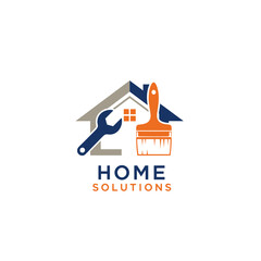 Home repair logo with wrench and paintbrush inside house.