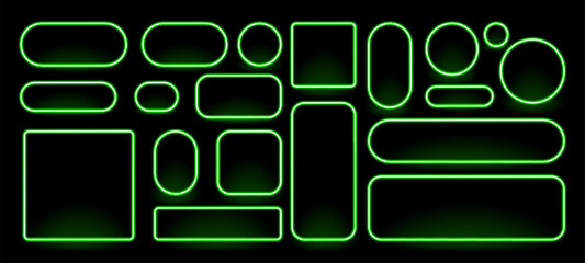 Variety of green neon frame vector shapes including circles, squares and rectangles. Glowing outline design element for modern graphic presentation.