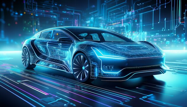 cybernetic vehicle ecu system processing autonomous driving data futuristic automotive engineering