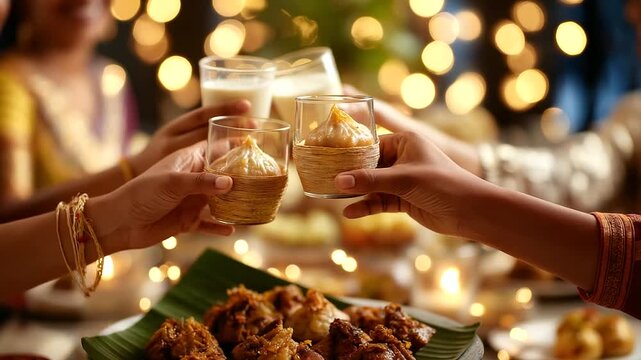 A fusion Happy Ganesh Chaturthi feast with traditional modaks alongside global sweets on a banquet table family toasting with lassi under string lights cultural dances in the bac