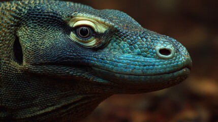 Fototapeta premium Captivating Blue Iguana Eye: Detailed Macro of Vibrant Scales and Reptilian Skin Texture